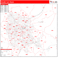 Greater Las Vegas Wall Map Zip Code Red Line Style 2024